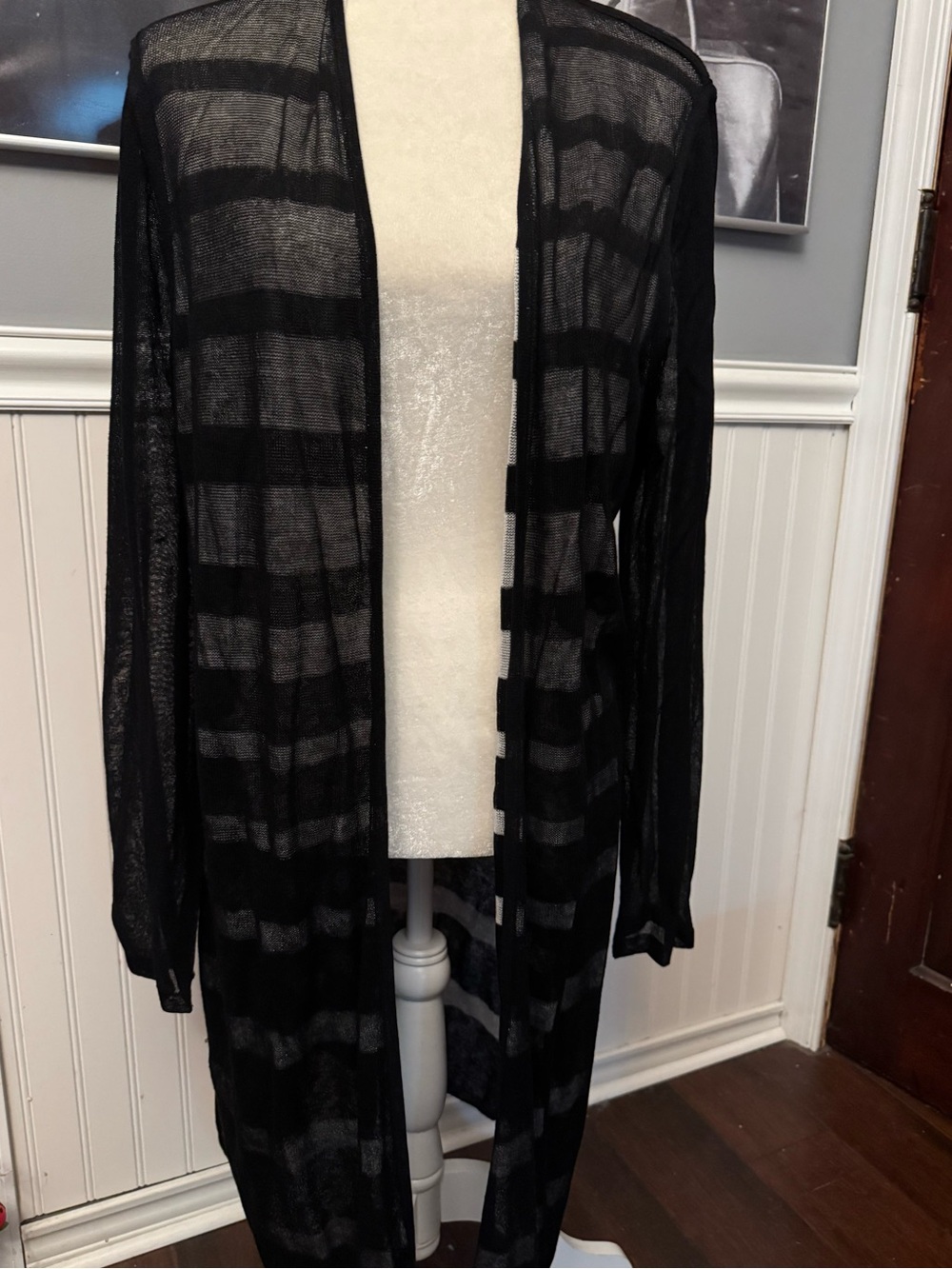 Chico’s Black White Striped Open Front Long Cardigan Duster Size 3 (XL)